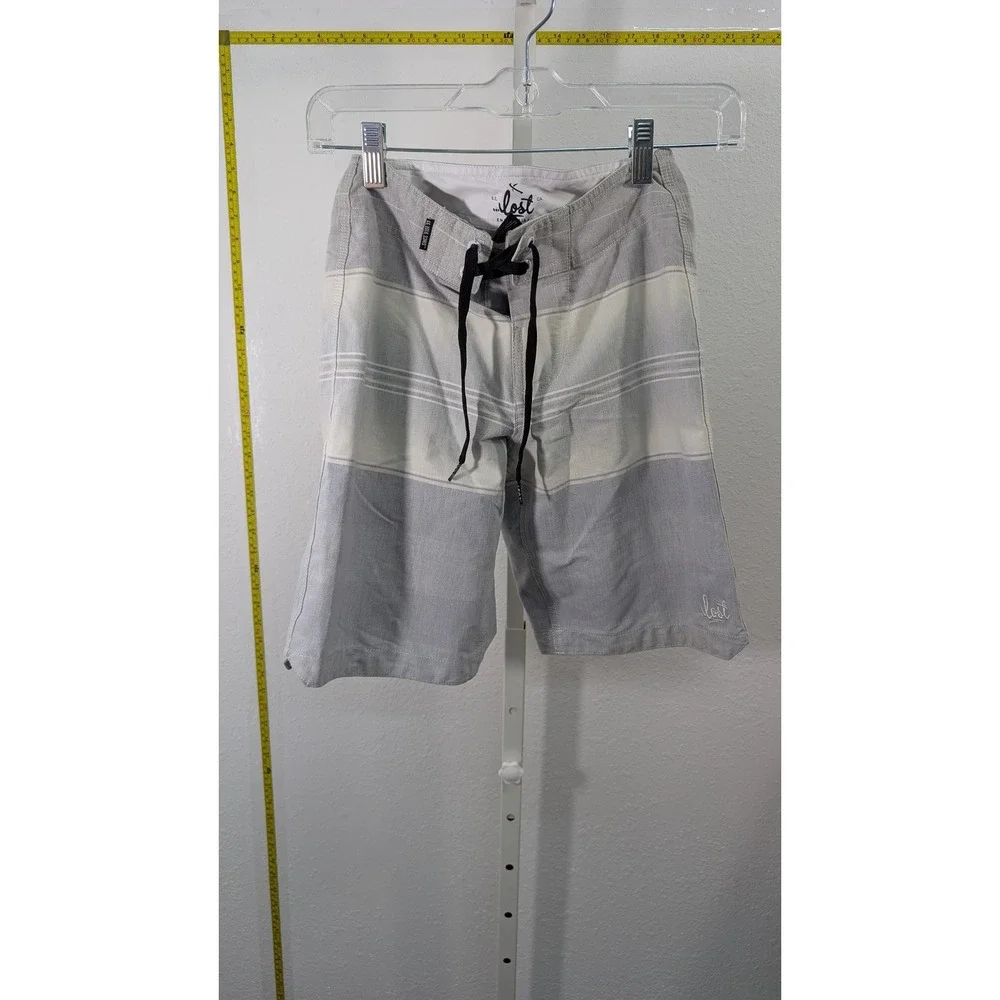 Lost Enterprises Mens Board Shorts Size 24 Grey White Striped Surf‎ Swim Trunks